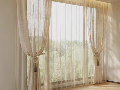 Elegant Beige Curtains With Sheer Panels And Tassel Tiebacks In Bright Room 3d model