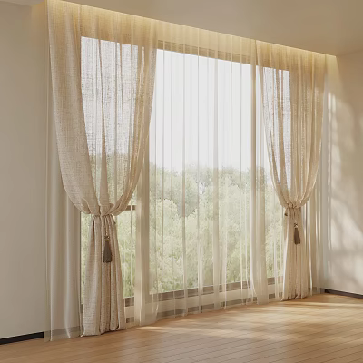 Elegant Beige Curtains With Sheer Panels And Tassel Tiebacks In Bright Room 3d model