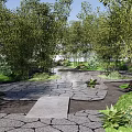 Peaceful Residential Landscape Design With Stone Path Lush Greenery And Trees