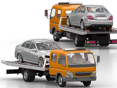Two Yellow Tow Trucks Carrying Silver Sedan Cars On Flatbed Trailers 3d model