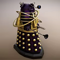 Purple And Gold Robot Character With Spherical Armor Sensors And Mechanical Arm