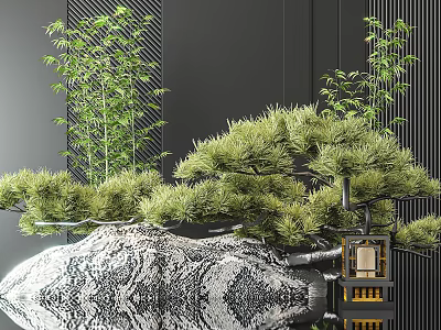 Elegant Garden Ornament With Pine Tree Bamboo Plants And Decorative Lantern On Stone Base 3d model
