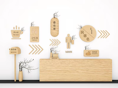 Wooden Signage With Directional Arrows Human Figure Icons Restroom Signs For Homestay Reception 3d model