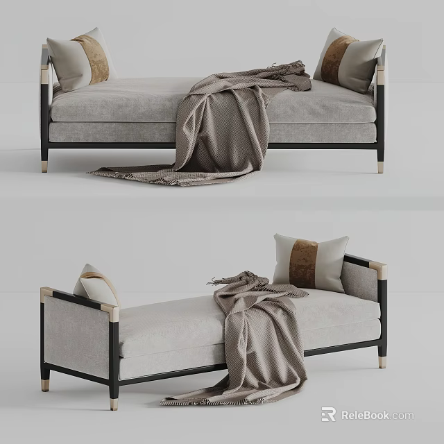 Modern Upholstered Sofa Bench With Neutral Cushions Throw Blanket And Wooden Frame 3d model 