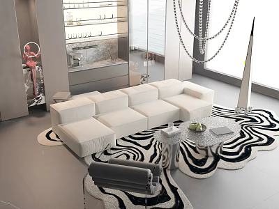 Modern White Sofa and Coffee Table Set with Zebra Print Rug and Bright Living Room Decor 3d model