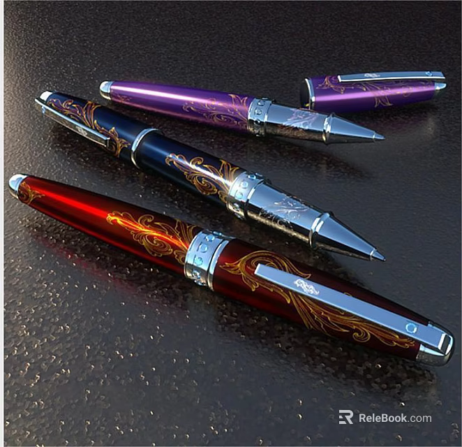 Exquisite Fountain Pens in Red Blue Purple with Patterned Decorative Metallic Details 3d model 