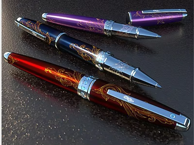 Exquisite Fountain Pens in Red Blue Purple with Patterned Decorative Metallic Details 3d model