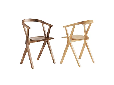 Two Wooden Armchairs with Minimalist Design and Crossed Legs in Natural Wood Tone 3d model