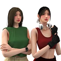 Two Women Wearing Green And Red Sleeveless Tops With Watch Black Gloves And Silver Headphones