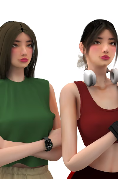 Two Women Wearing Green And Red Sleeveless Tops With Watch Black Gloves And Silver Headphones 3d model