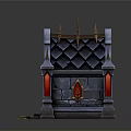 Castle Style Building With Golden Spires Black Roof Red Accents And Arched Doorway