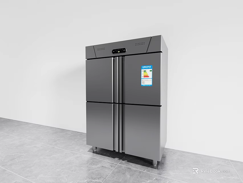 Stainless Steel Multi Door Refrigerator Freezer With Digital Display And Energy Label In Minimalist Interior 3d model 