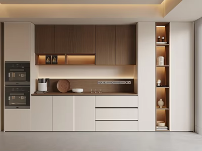 Modern Kitchen Sideboard With Wooden Cabinets Drawers Built In Oven And Ambient Lighting 3d model