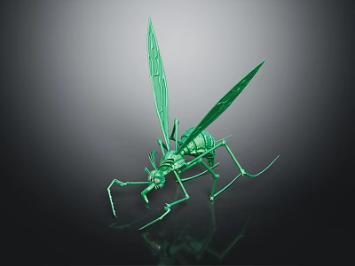 Green Insect Model With Shiny Surface Long Legs And Wings On Dark Background 3d model