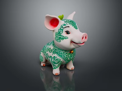 Cute Pig Shaped Living Decor Figurine With White Green Intricate Patterns 3d model