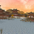 Traditional Commercial Street with Ancient Chinese Tower Autumn Trees Stone Bridge and Pond