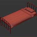 Single Bed With White Metal Frame Brown Plaid Bedding And Light Pillow