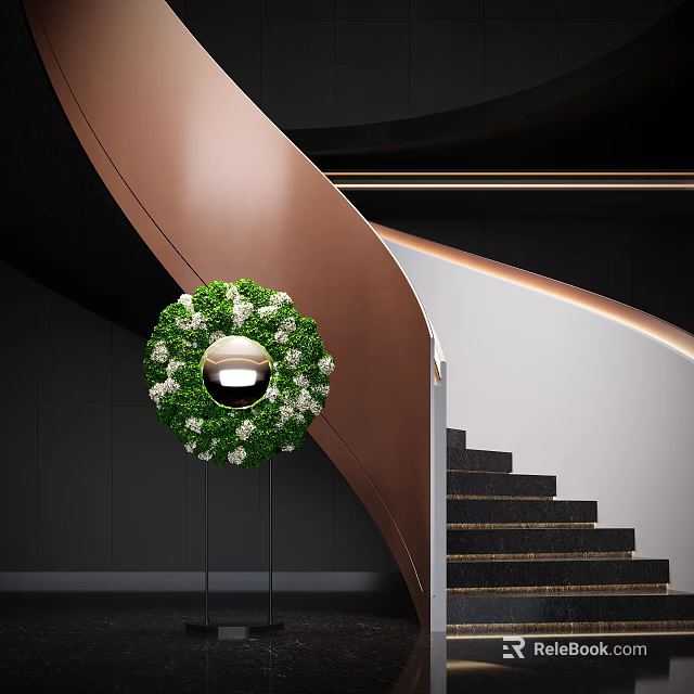 Modern Staircase With Curved Copper Handrail Black Steps And Green Floral Wreath 3d model 