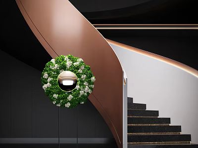 Modern Staircase With Curved Copper Handrail Black Steps And Green Floral Wreath 3d model