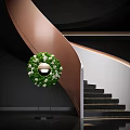 Modern Staircase With Curved Copper Handrail Black Steps And Green Floral Wreath