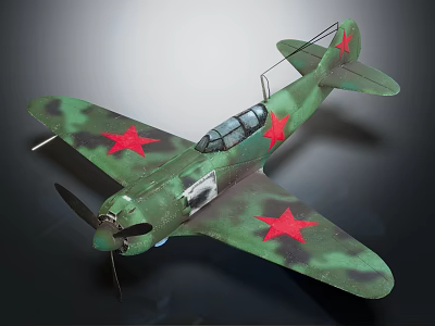 Green Camouflage Military Model Airplane With Red Stars And Propeller 3d model