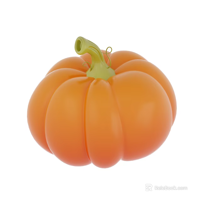 Organic Fresh Ripe Orange Pumpkin With Green Stem And Ribbed Surface 3d model 