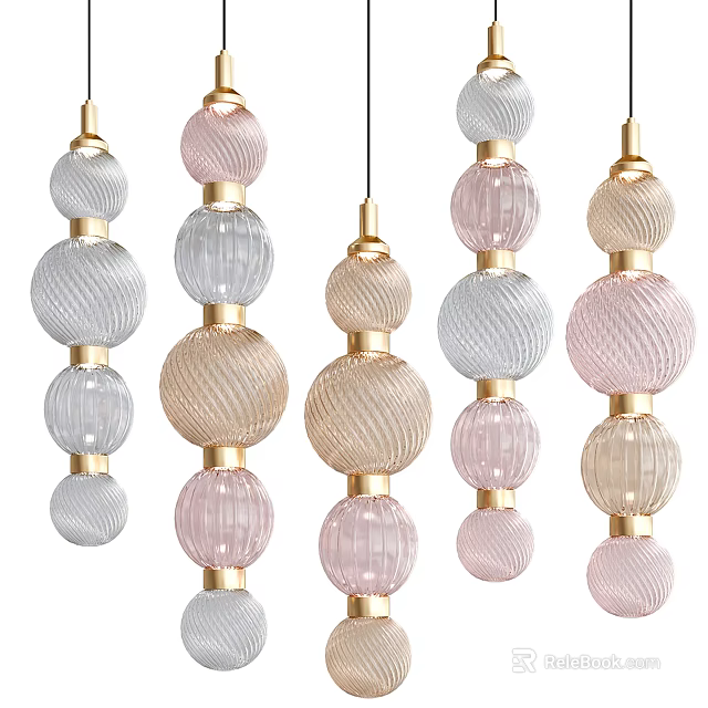 Elegant Glass Globe Pendant Lights With Pink Beige Transparent Balls And Golden Accents 3d model 