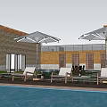 Stone And Wooden Boutique Villa Exterior With Swimming Pool Lounge Chairs And Umbrella