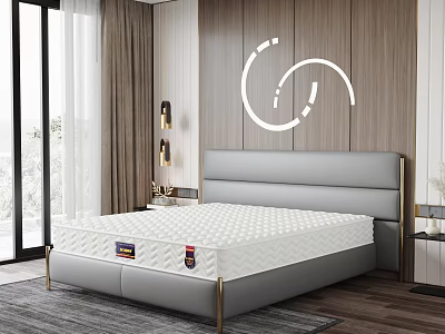 Modern Double Bed with Wooden Wall White Decorative Lines and Window Curtain in Bedroom 3d model