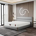 Modern Double Bed with Wooden Wall White Decorative Lines and Window Curtain in Bedroom