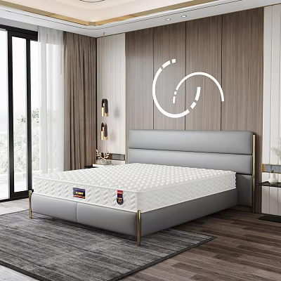 Modern Double Bed with Wooden Wall White Decorative Lines and Window Curtain in Bedroom 3d model