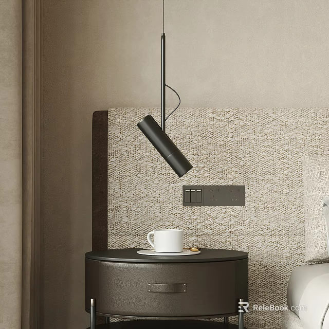 Modern Black Pendant Light in Bedroom with Dark Nightstand White Cup and Textured Wall 3d model 