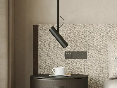 Modern Black Pendant Light in Bedroom with Dark Nightstand White Cup and Textured Wall 3d model