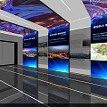 Exhibition Hall Interior With Blue Background Light Strips And Display Boards At Entrance