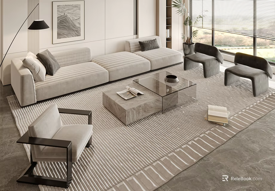 Modern Sofa Coffee Table Set With Striped Rug Armchairs Artwork Floor Lamp And Plants 3d model 