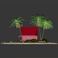 Pink House with Red Roof Surrounded by Palm Trees Sand and Love Sign