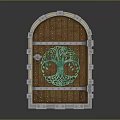 Vintage Wooden Gate With Green Tree Pattern And Metal Decorative Arched Frame