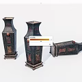 Vintage Square Ceramic Vessels With Dark Glaze And Red Decorative Patterns 3d model