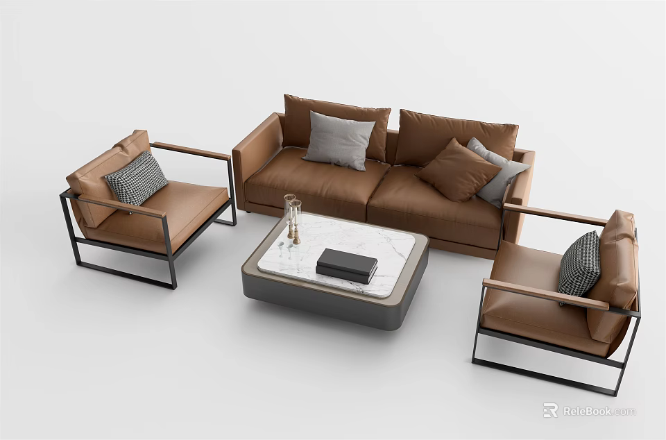 Modern Leather Sofa And Coffee Table Set With Armchairs And Marble Top 3d model 
