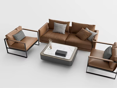 Modern Leather Sofa And Coffee Table Set With Armchairs And Marble Top 3d model