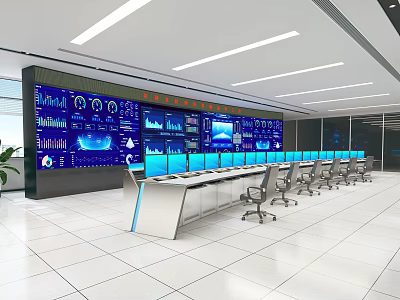 Modern Control Room Interior With Multiple Display Walls Control Desks And Office Chairs 3d model