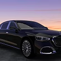 Black Luxury Sedan Parked On Gray Concrete Ground With Sunset Sky Background