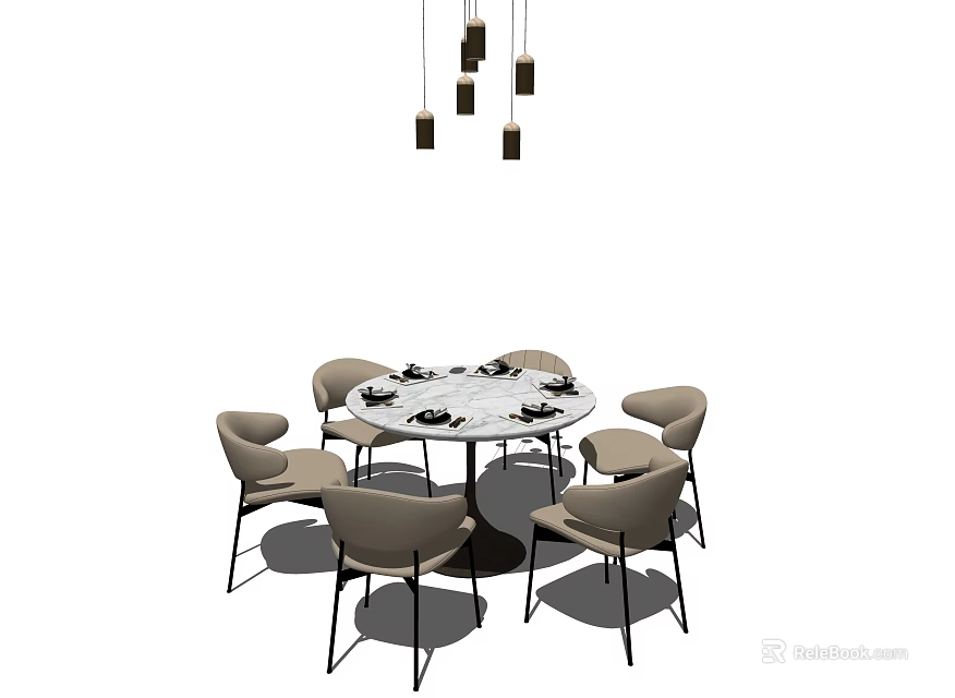 Modern Round Dining Table Set With Six Chairs And Hanging Pendant Lights 3d model