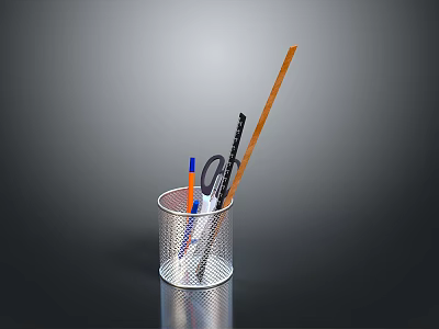 Practical Metal Mesh Pen Holder With Colorful Pens And Scissors For Daily Use 3d model