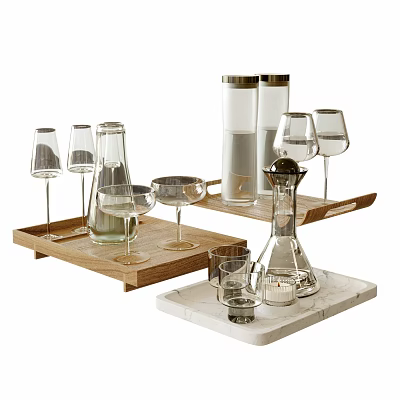 Different Types of Glass Cups on Wooden and Marble Trays with Bottles and Goblets 3d model