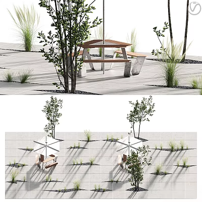 Outdoor Garden Decorative Scene With Wooden Table Benches Stone Pavement Small Trees And Grasses 3d model