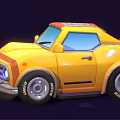 Cute Cartoon Style Yellow Car With Red Stripes Blue Headlights And Black Tires