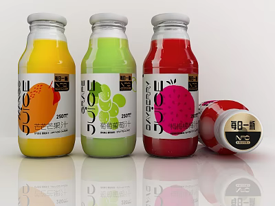 Colorful Fruit Juice Drinks in Glass Bottles with White Labels and Fruit 3d model