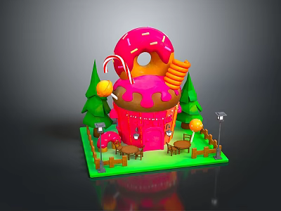 Colorful Sweet Themed Building With Pink Donut Roof Candy Cane Green Trees And Tables 3d model