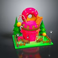 Colorful Sweet Themed Building With Pink Donut Roof Candy Cane Green Trees And Tables